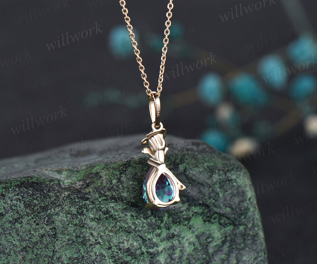 Unique Pear Cut June Birthstone Alexandrite Necklace 14k Yellow Gold Moissanite Moonstone Rose Flower Pendant Birthday Anniversary Gift