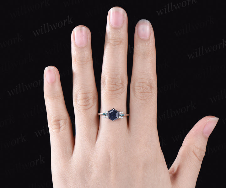 Unique Hexagon Cut Blue Sandstone Engagement Ring Moissanite Alexandrite Cluster Wedding Ring Art Deco White Gold Galaxy Healing Jewelry Ring