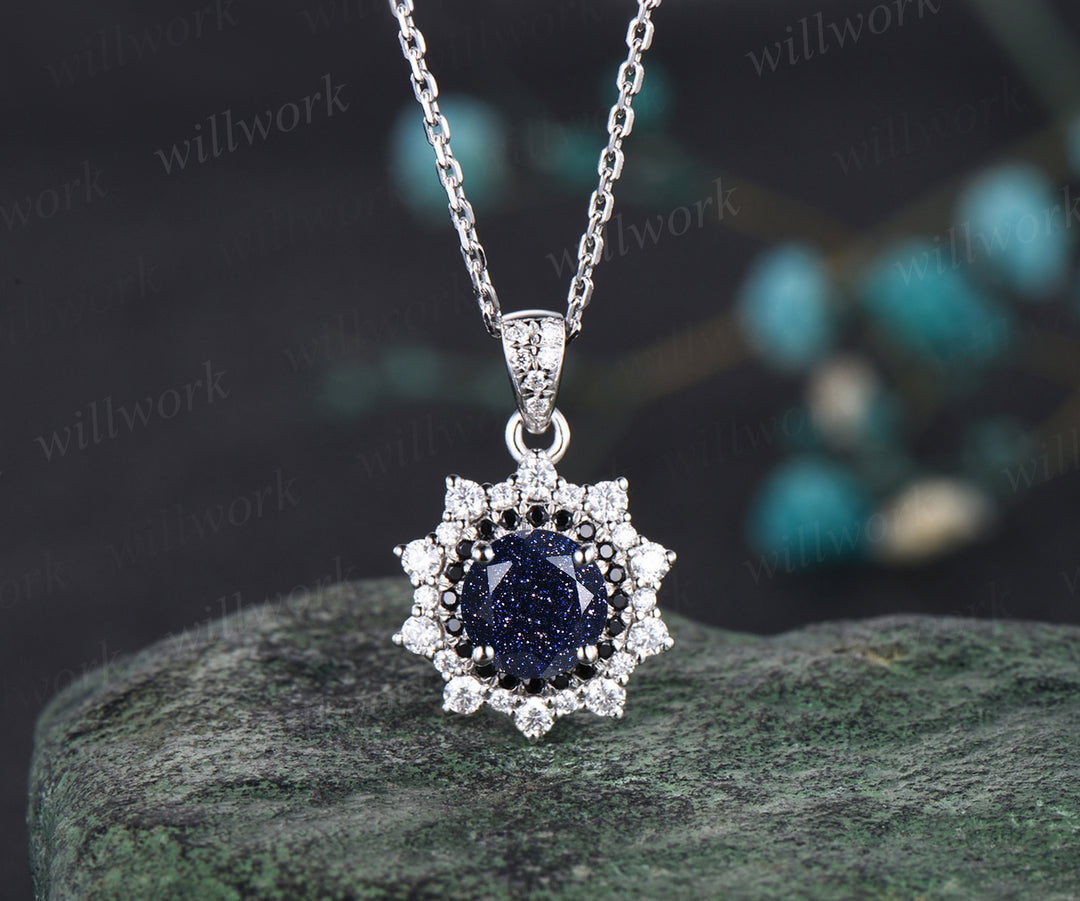 Unique Galaxy Blue Sandstone Necklace Minimalist Delicate Double Halo Moissanite Black Spinel Diamond Pendant 14k White Gold Healing Jewelry