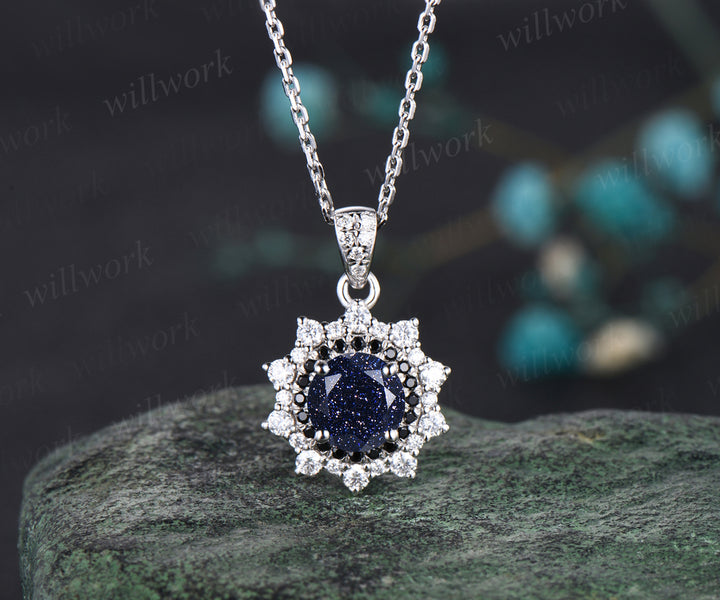 Unique Galaxy Blue Sandstone Necklace Minimalist Delicate Double Halo Moissanite Black Spinel Diamond Pendant 14k White Gold Healing Jewelry