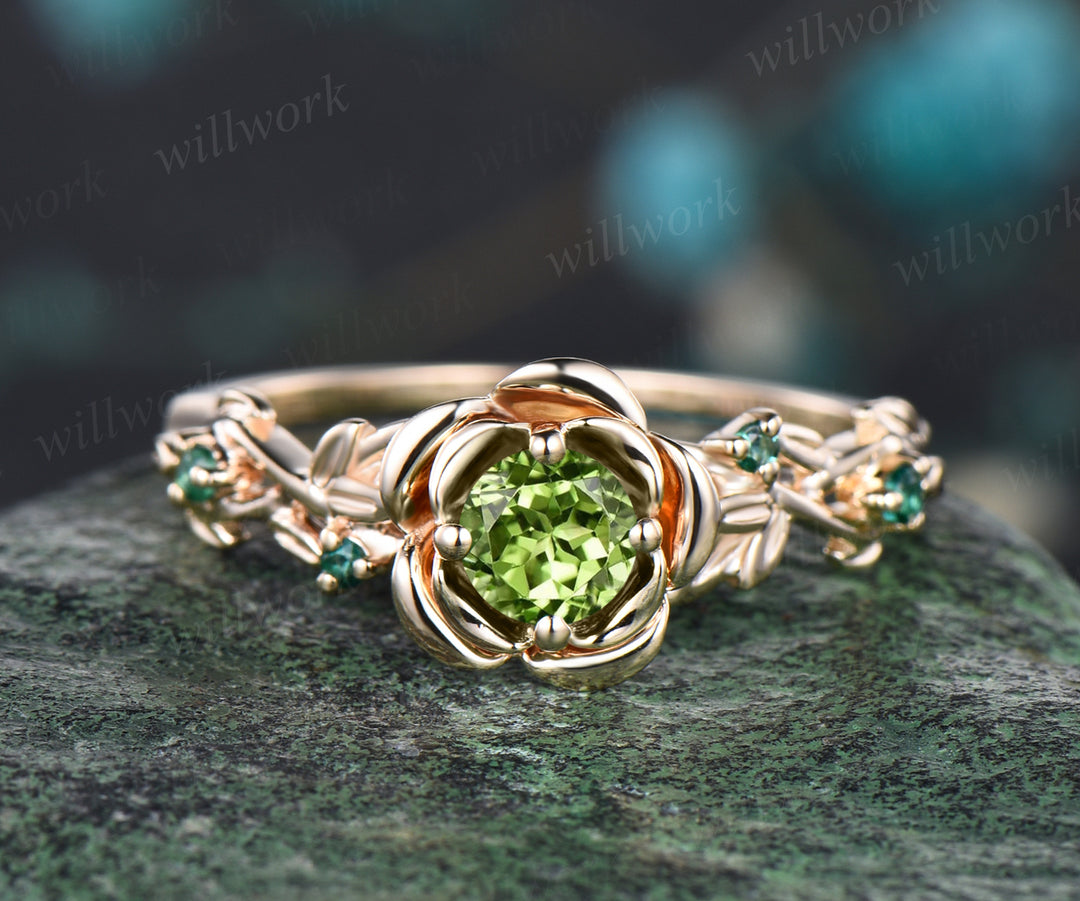 Unique Round Natural Peridot Rose Flower Engagement Ring Set Amethyst Emerald Leaf Floral Vine Twig Branch Nature Inspired Ring August Birthstone Yellow Gold 2pcs Bridal Ring Set