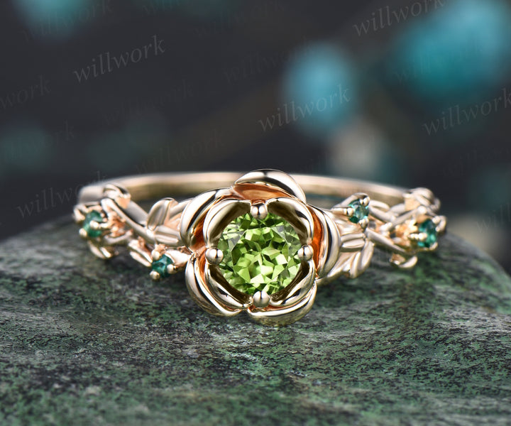 Unique Round Natural Peridot Rose Flower Engagement Ring Set Amethyst Emerald Leaf Floral Vine Twig Branch Nature Inspired Ring August Birthstone Yellow Gold 2pcs Bridal Ring Set