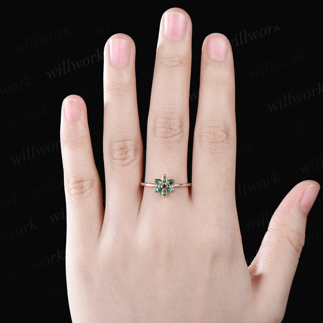 Unique Flower Floral Nature Inspired Wedding Ring Ruby Emerald Halo Leaf Anniversary Ring 14k Yellow Gold Seven Stone Bridal Jewelry Gift