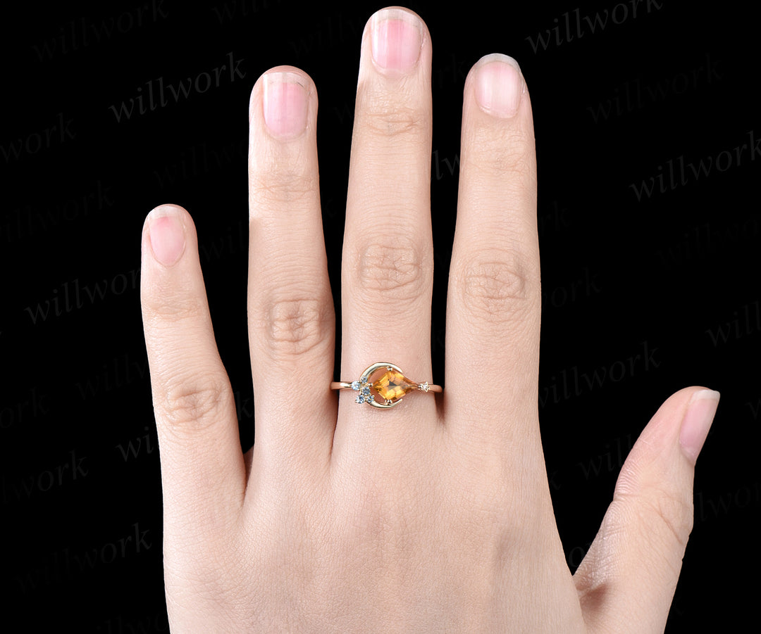 Delicate Kite Cut November Birthstone Natural Citrine Engagement Ring Blue Topaz Cluster Star Moon Wedding Ring Seven Stone Bridal Jewelry Gift