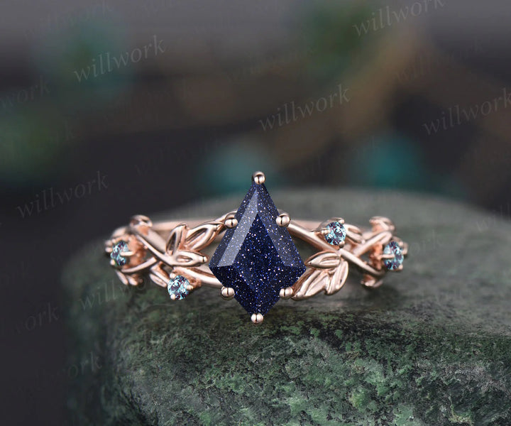 Galaxy Kite Cut Blue Sandstone Engagement Ring Unique June Birthstone Alexandrite Five Stone Wedding Ring Vine Twig Branch Leaf Nature Inspired Bridal Ring