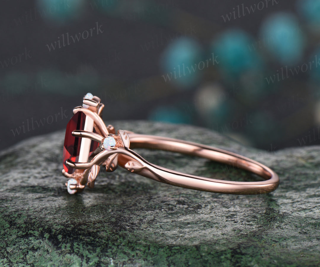 Unique Hexagon Cut July Birthstone Ruby Engagement Ring Leaf Vine Twig Branch Nature Inspired Wedding Ring Five Stone White Opal Floral Promise Ring