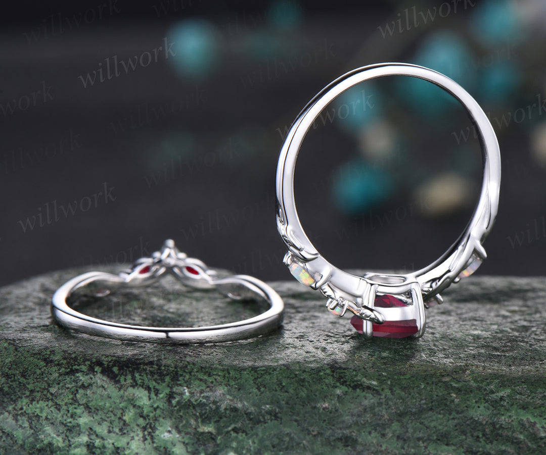 Teardrop Ruby Engagement Ring Set Unique Leaf Floral Vine Twig Branch Five Stone Opal Wedding Ring 14k White Gold July Birthstone Pear Ruby Nature Inspired 2pcs Bridal Ring Set