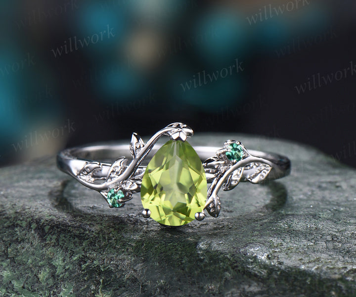 Art Deco Leaf Vine Twig Branch Leaf Nature Inspired Engagement Ring Set Unique Pear Cut August Birthstone Natural Peridot Wedding Ring Emerald Wedding Band 14k White Gold 2pcs Bridal Ring Set