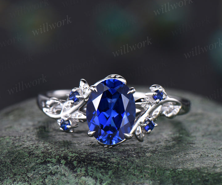 Art Deco Leaf Vine Twig Branch Nature Inspired Ring Unique September Birthstone Blue Sapphire Engagement Ring Set 14k White Gold 2pcs Bridal Ring Set