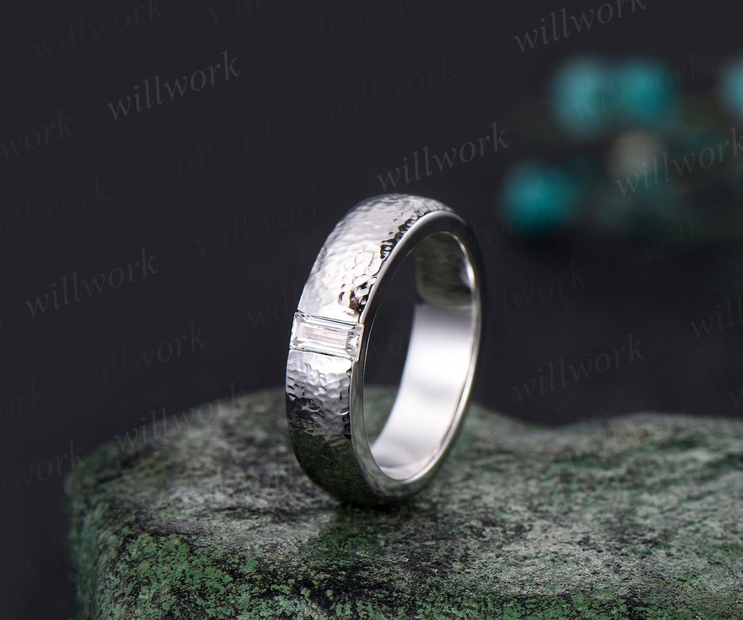 Unique Mens Moissanite Wedding Band Baguette Cut Band 5mm Solid Gold Ring Mens Hammered Stacking Matching Band Retro Vintage Ring Gift