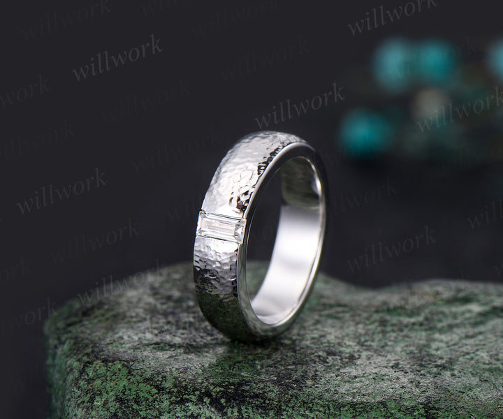 Unique Mens Moissanite Wedding Band Baguette Cut Band 5mm Solid Gold Ring Mens Hammered Stacking Matching Band Retro Vintage Ring Gift