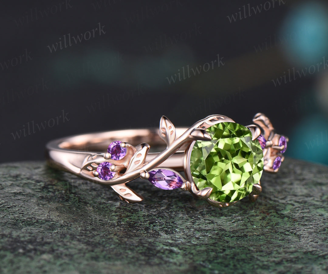 Unique Round Cut August Birthstone Natural Peridot Engagement Ring Art Deco Amethyst Leaf Vine Twig Branch Nature Inspired Ring 14k Rose Gold Bridal Ring For Women