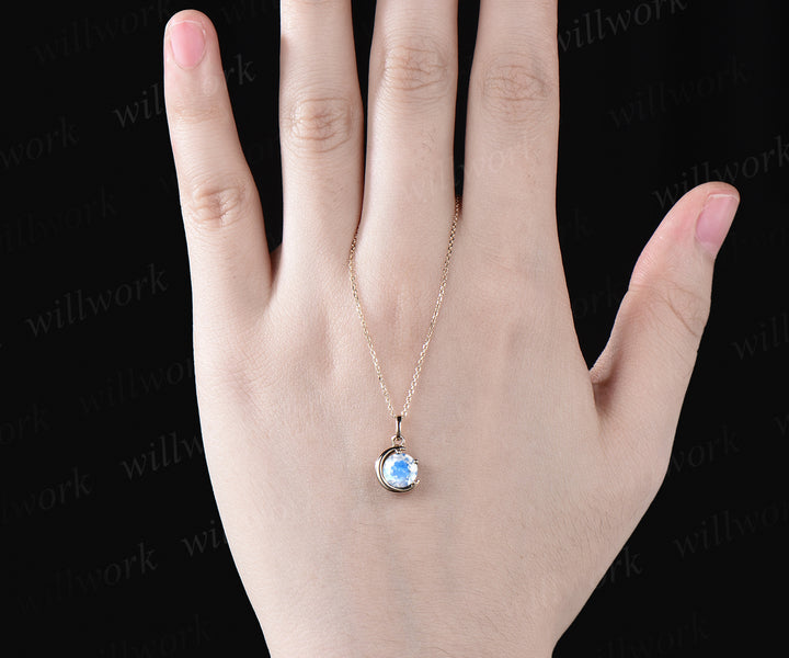 Minimalist June Birthstone Round Cut Blue Moonstone Necklace Delicate Moon Pendant 14k Yellow Gold Solitaire Necklace Birthday Gift