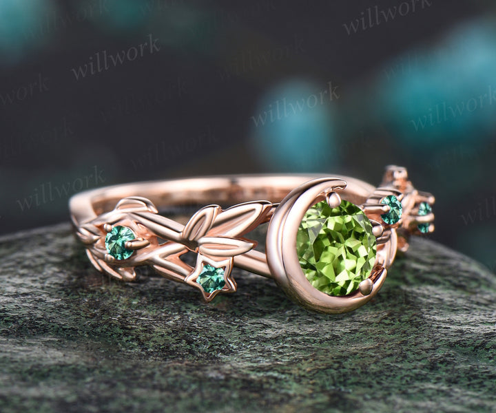 August Birthstone Round Cut Natural Peridot Engagement Ring Unique Emerald Floral Leaf Vine Twig Branch Nature Inspired Wedding Ring Moon Bridal Ring Star Jewelry