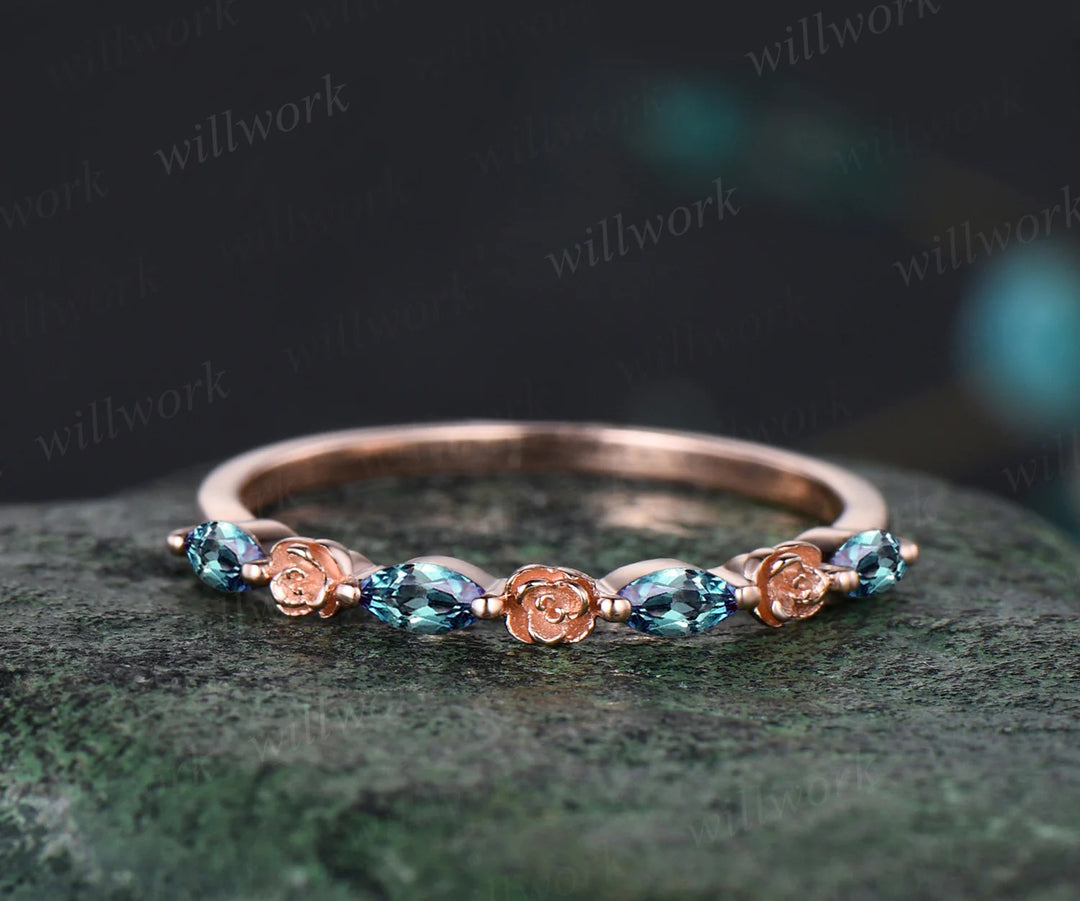 Unique Leaf Flower Vine Twig Branch Nature Inspired Engagement Ring Set Galaxy Blue Sandstone Alexandrite Wedding Ring 14k Rose Gold 2pcs Bridal Ring Set