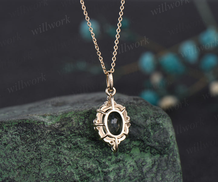 Delicate Oval Cut Natural Green Moss Agate Necklace Dainty Moissanite Halo Green Agate Pendant 14k Yellow Gold Anniversary Promise Gift