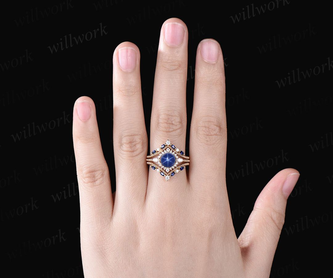 Vintage Round Cut Blue Star Sapphire Engagement Ring Set September Birthstone Moissanite Halo Wedding Ring Antique 14k Yellow Gold Blue Sapphire 3pcs Bridal Ring Set