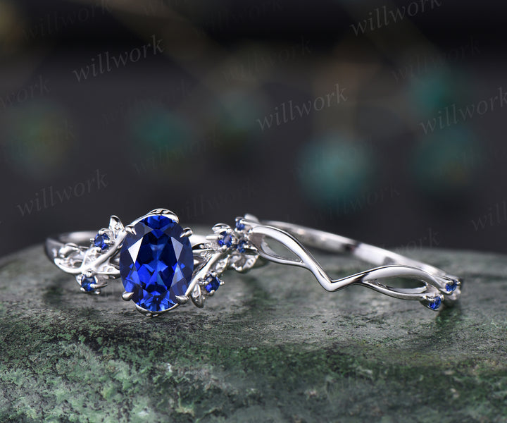 Art Deco Leaf Vine Twig Branch Nature Inspired Ring Unique September Birthstone Blue Sapphire Engagement Ring Set 14k White Gold 2pcs Bridal Ring Set