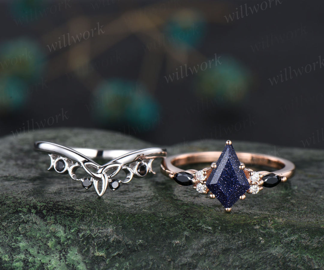 Galaxy Kite Cut Blue Sandstone Engagement Ring Set Unique Black Spinel Celtic Knot Moon Wedding Band Art Deco Healing Jewelry 2pcs Bridal Ring Set