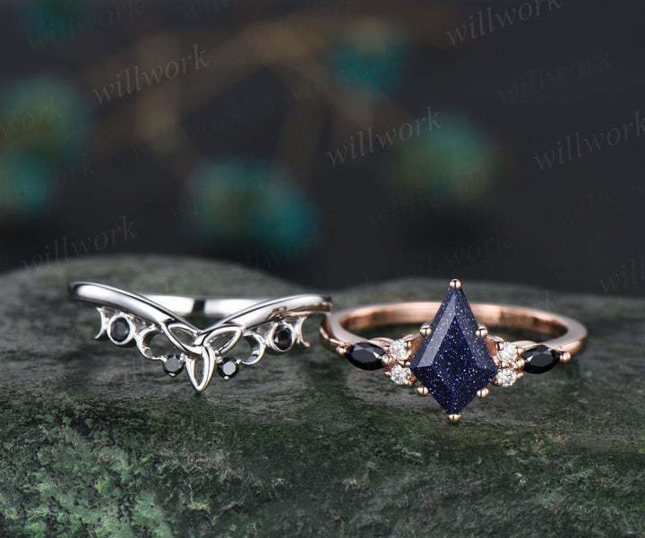 Galaxy Kite Cut Blue Sandstone Engagement Ring Set Unique Black Spinel Celtic Knot Moon Wedding Band Art Deco Healing Jewelry 2pcs Bridal Ring Set