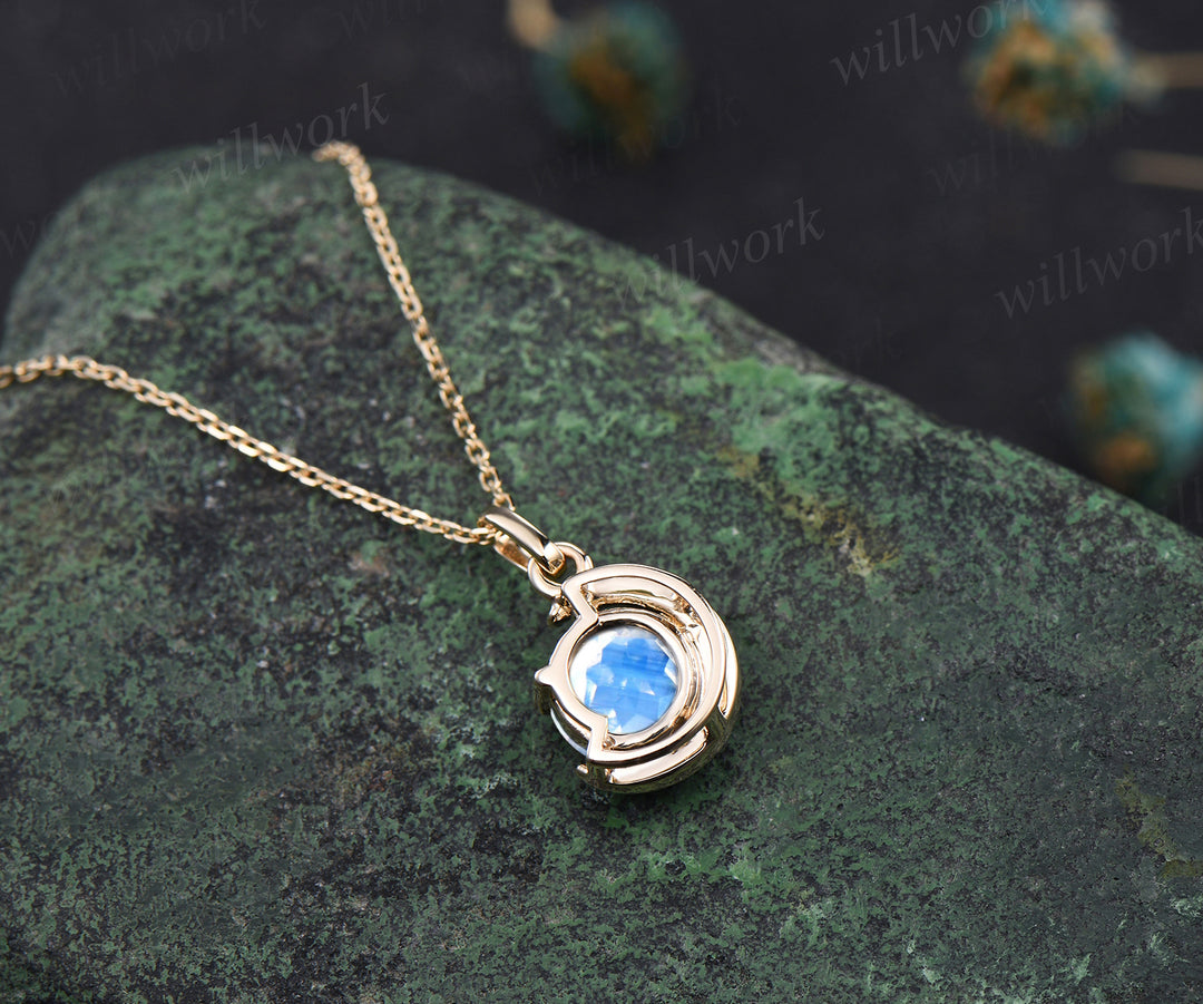 Minimalist June Birthstone Round Cut Blue Moonstone Necklace Delicate Moon Pendant 14k Yellow Gold Solitaire Necklace Birthday Gift