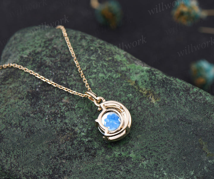 Minimalist June Birthstone Round Cut Blue Moonstone Necklace Delicate Moon Pendant 14k Yellow Gold Solitaire Necklace Birthday Gift