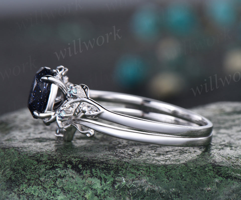 Leaf Vine Twig Branch Nature Inspired Engagement Ring Set Unique Galaxy Oval Cut Blue Sandstone Wedding Ring 14k White Gold Alexandrite Healing Ring 2pcs Bridal Ring Set