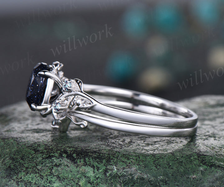 Leaf Vine Twig Branch Nature Inspired Engagement Ring Set Unique Galaxy Oval Cut Blue Sandstone Wedding Ring 14k White Gold Alexandrite Healing Ring 2pcs Bridal Ring Set