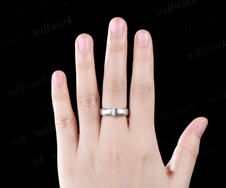 Unique Mens Moissanite Wedding Band Baguette Cut Band 5mm Solid Gold Ring Mens Hammered Stacking Matching Band Retro Vintage Ring Gift
