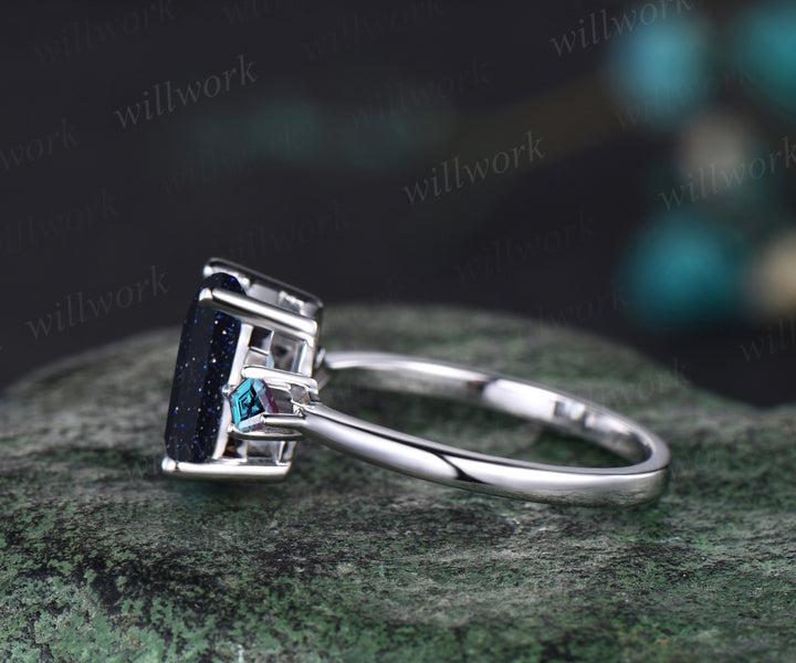 Galaxy Emerald Cut Blue Sandstone Engagement Ring Kite Alexandrite Three Stone Ring 14k White Gold Healing Jewelry Gift