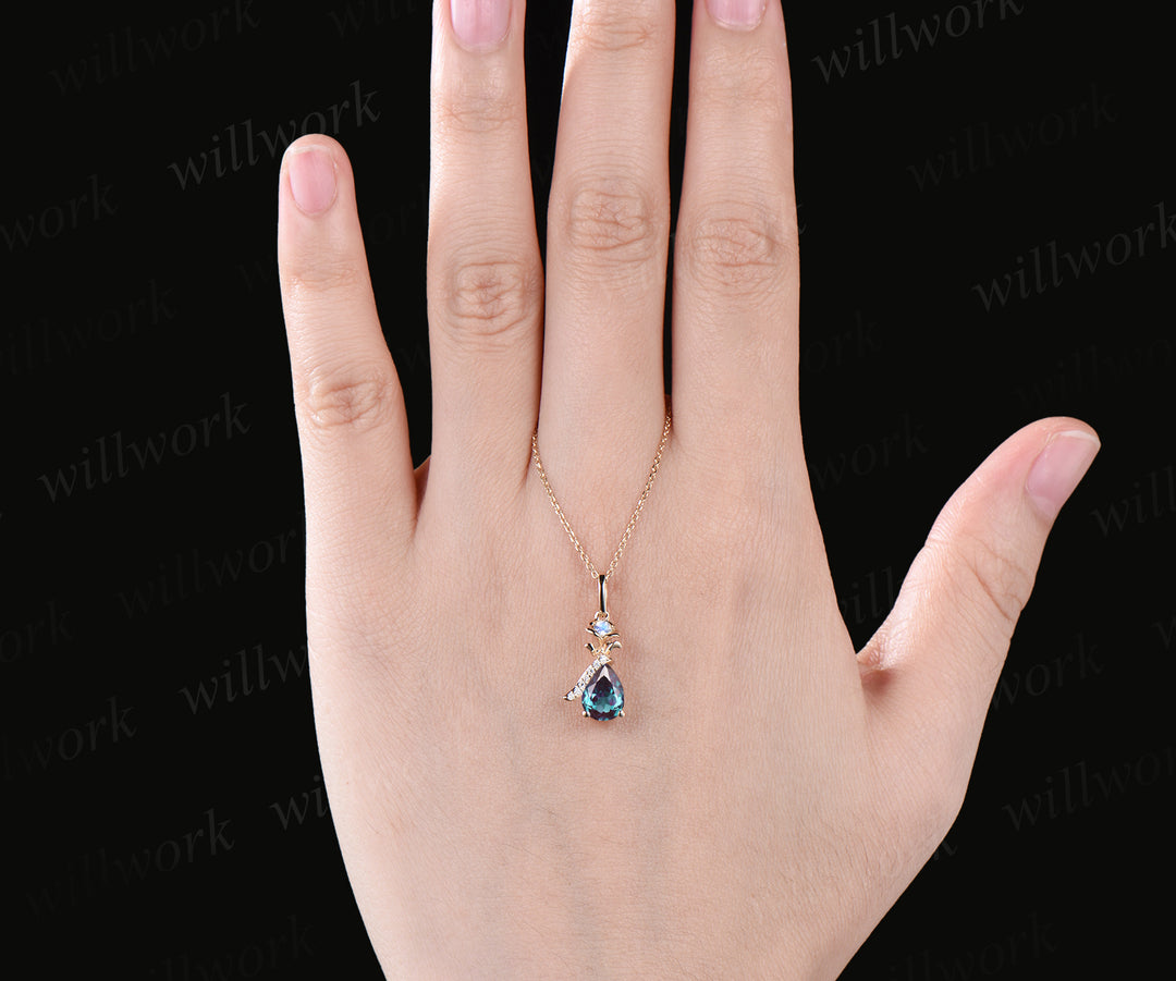 Unique Pear Cut June Birthstone Alexandrite Necklace 14k Yellow Gold Moissanite Moonstone Rose Flower Pendant Birthday Anniversary Gift