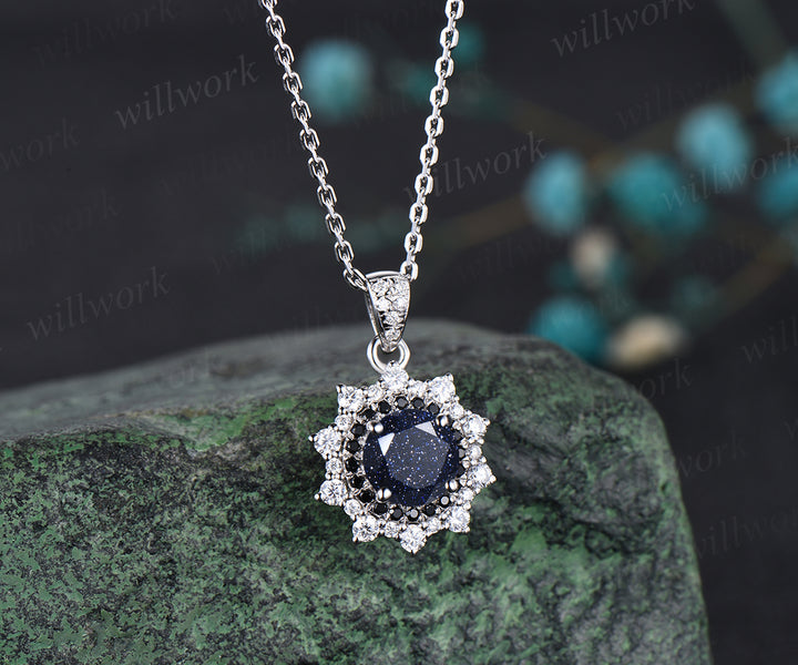 Unique Galaxy Blue Sandstone Necklace Minimalist Delicate Double Halo Moissanite Black Spinel Diamond Pendant 14k White Gold Healing Jewelry