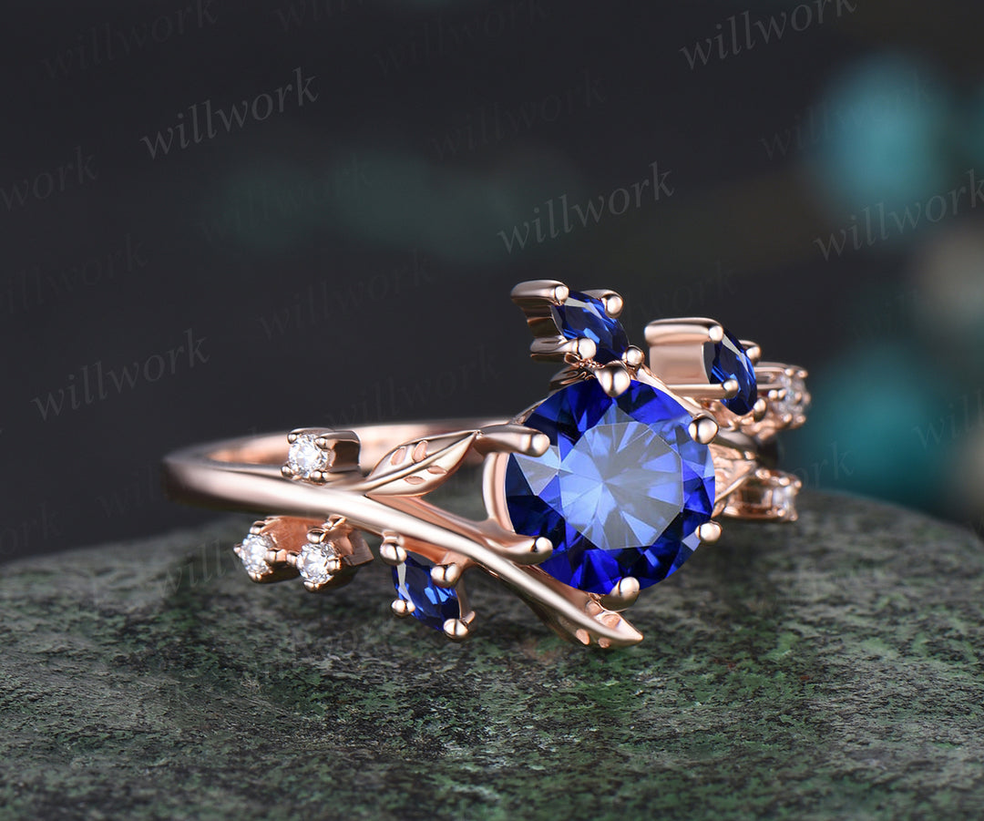 Unique Leaf Vine Twig Branch Nature Inspired Engagement Ring September Birthstone Blue Sapphire Wedding Ring 14k Rose Gold Moissanite Promise Ring
