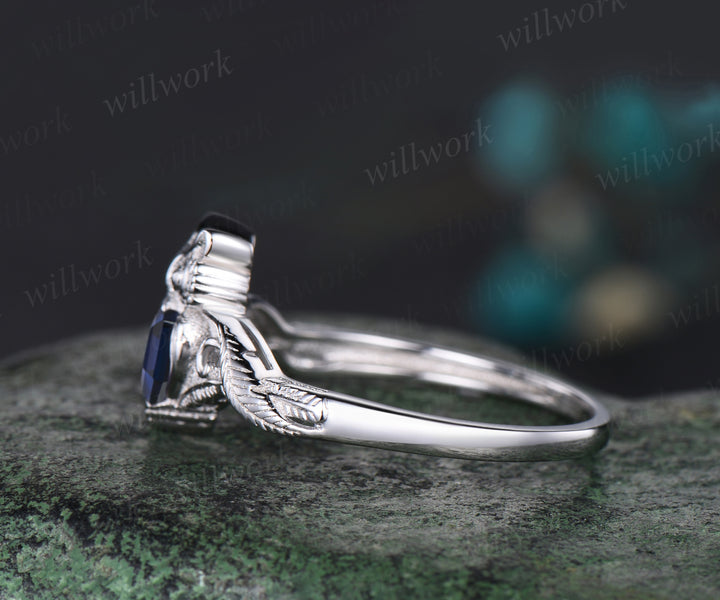 Unique Branch Twig Vine Owl Engagement Ring Round Blue Sapphire Wedding Ring Cute Owl Antique Nature Inspired Blue Sapphire Jewelry