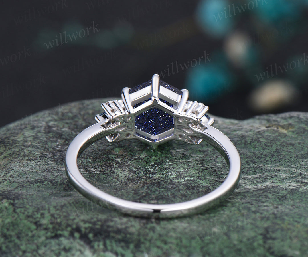 Unique Hexagon Cut Blue Sandstone Engagement Ring Moissanite Alexandrite Cluster Wedding Ring Art Deco White Gold Galaxy Healing Jewelry Ring