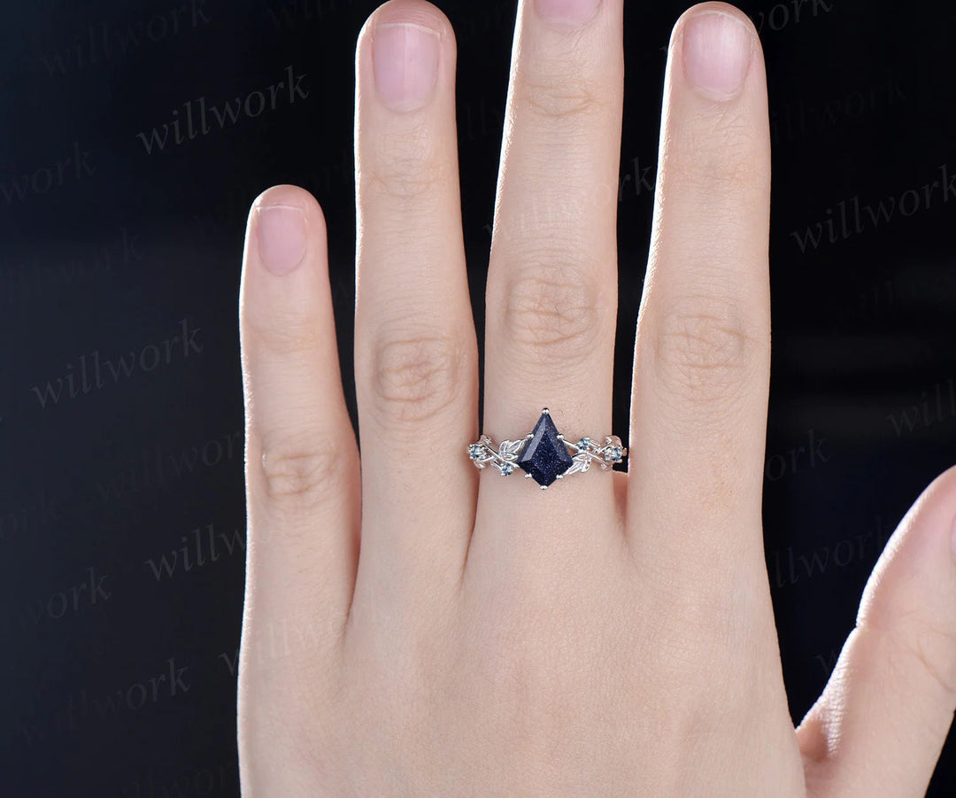 Galaxy Kite Cut Blue Sandstone Engagement Ring Unique June Birthstone Alexandrite Five Stone Wedding Ring Vine Twig Branch Leaf Nature Inspired Bridal Ring