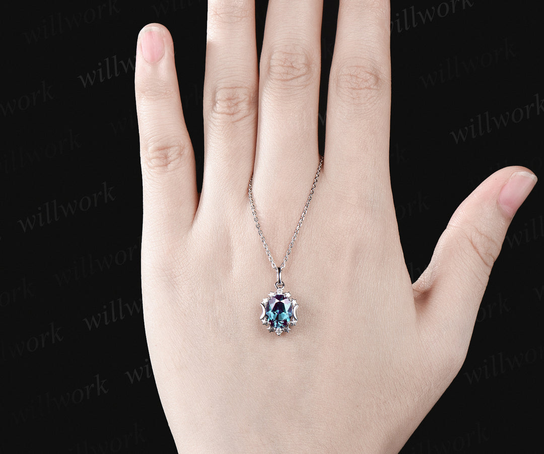 Unique Oval Cut June Birthstone Alexandrite Necklace Moissanite Three Stone Star Moon Pendant Minimalist 925 Sterling Silver 14k White Gold Engagement Gift
