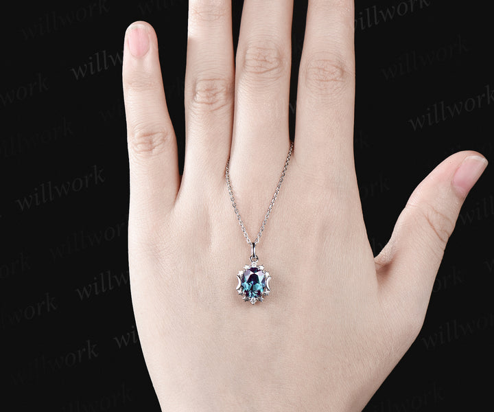 Unique Oval Cut June Birthstone Alexandrite Necklace Moissanite Three Stone Star Moon Pendant Minimalist 925 Sterling Silver 14k White Gold Engagement Gift