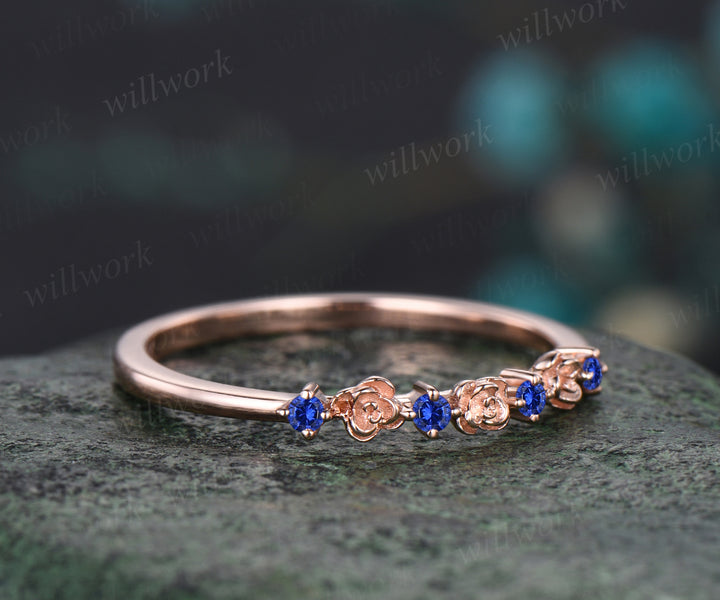 Unique Round Blue Sapphire Wedding Band Floral Flower Nature Inspired Wedding Ring September Birthstone Stacking Band