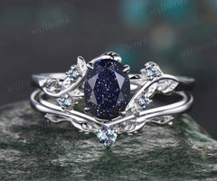 Leaf Vine Twig Branch Nature Inspired Engagement Ring Set Unique Galaxy Oval Cut Blue Sandstone Wedding Ring 14k White Gold Alexandrite Healing Ring 2pcs Bridal Ring Set