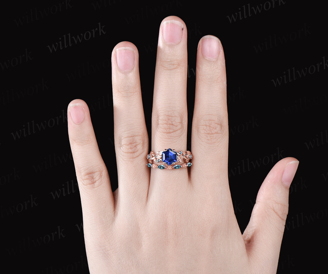 Hexagon Cut September Birthstone Blue Sapphire Engagement Ring Set Leaf Flower Vine Twig Branch Nature Inspired Ring Alexandrite 2pcs Bridal Ring Set