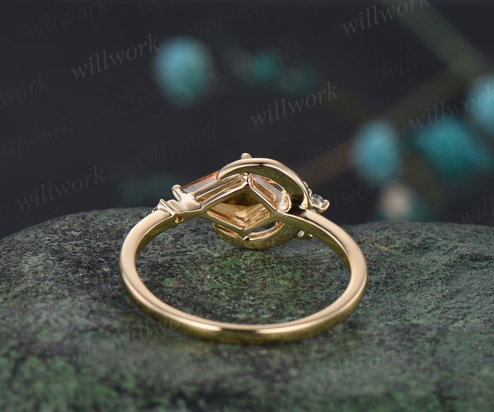 Delicate Kite Cut November Birthstone Natural Citrine Engagement Ring Blue Topaz Cluster Star Moon Wedding Ring Seven Stone Bridal Jewelry Gift