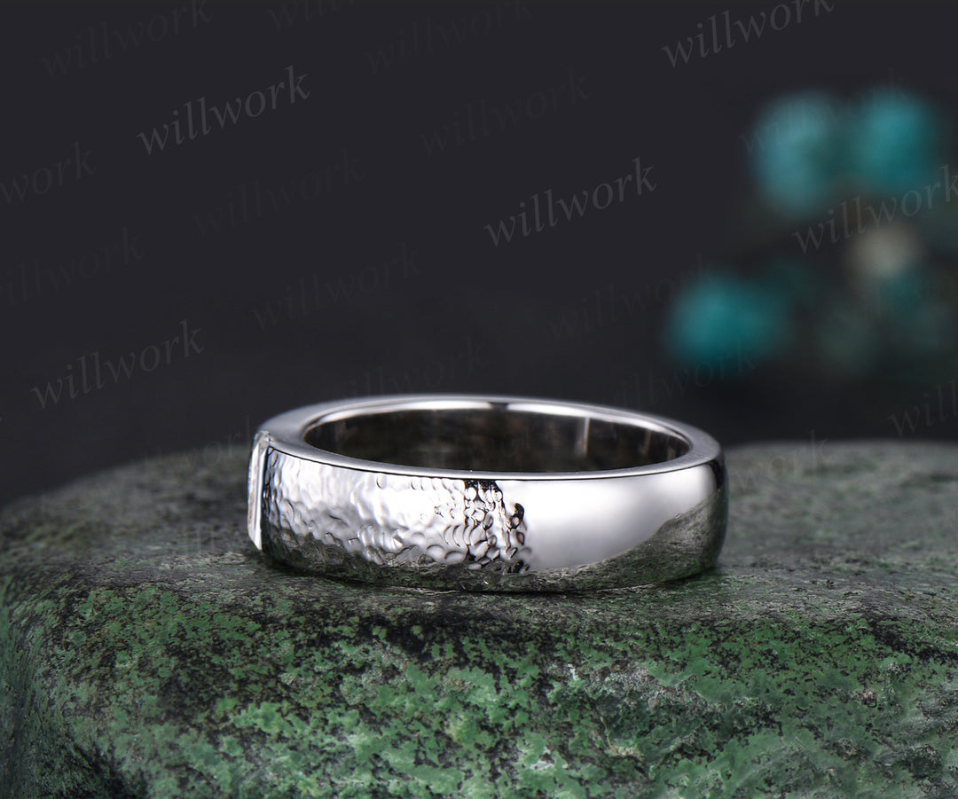 Unique Mens Moissanite Wedding Band Baguette Cut Band 5mm Solid Gold Ring Mens Hammered Stacking Matching Band Retro Vintage Ring Gift