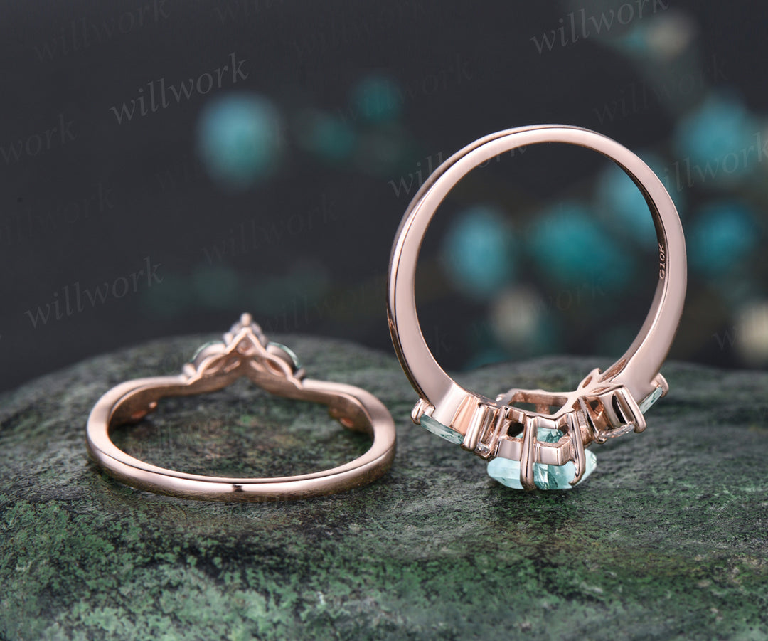 Unique Kite Cut Natural Green Moss Agate Engagement Ring Set 14k Rose Gold Art Deco 2pcs Bridal Ring Set Marquise Moss Agate Moissanite Ring