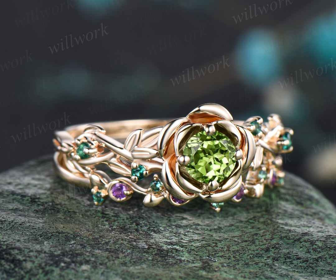 Unique Round Natural Peridot Rose Flower Engagement Ring Set Amethyst Emerald Leaf Floral Vine Twig Branch Nature Inspired Ring August Birthstone Yellow Gold 2pcs Bridal Ring Set
