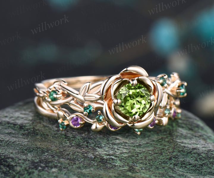 Unique Round Natural Peridot Rose Flower Engagement Ring Set Amethyst Emerald Leaf Floral Vine Twig Branch Nature Inspired Ring August Birthstone Yellow Gold 2pcs Bridal Ring Set