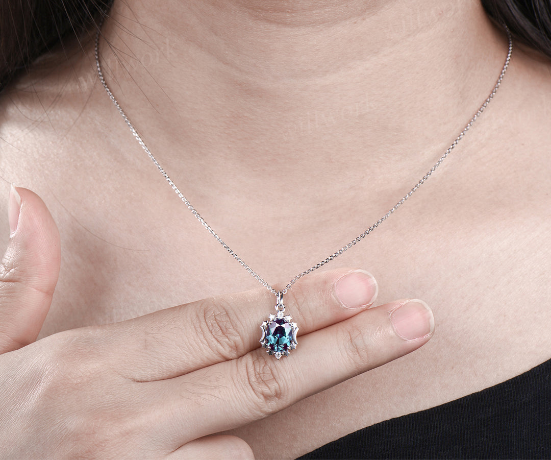 Unique Oval Cut June Birthstone Alexandrite Necklace Moissanite Three Stone Star Moon Pendant Minimalist 925 Sterling Silver 14k White Gold Engagement Gift