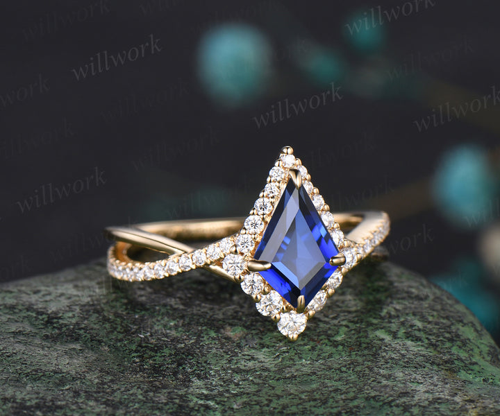 Unique Kite Cut September Birthstone Blue Sapphire Engagement Ring Art Deco Moissanite Halo Twisted Split Shank Ring Vintage 14k Yellow Gold Bridal Ring