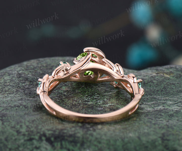 August Birthstone Round Cut Natural Peridot Engagement Ring Unique Emerald Floral Leaf Vine Twig Branch Nature Inspired Wedding Ring Moon Bridal Ring Star Jewelry