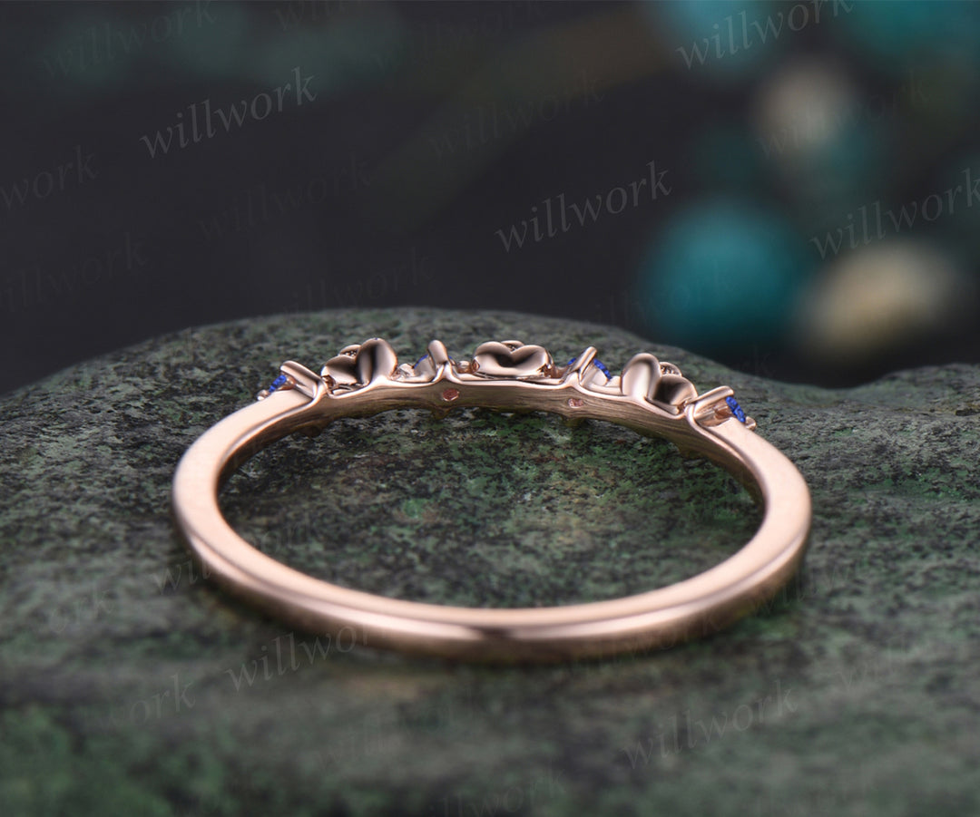 Unique Round Blue Sapphire Wedding Band Floral Flower Nature Inspired Wedding Ring September Birthstone Stacking Band